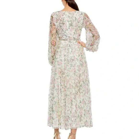Mac‎ Duggal 93788 Size 14 Pink Green White Floral Print Sequin V Neck Midi Dress - Picture 4 of 4